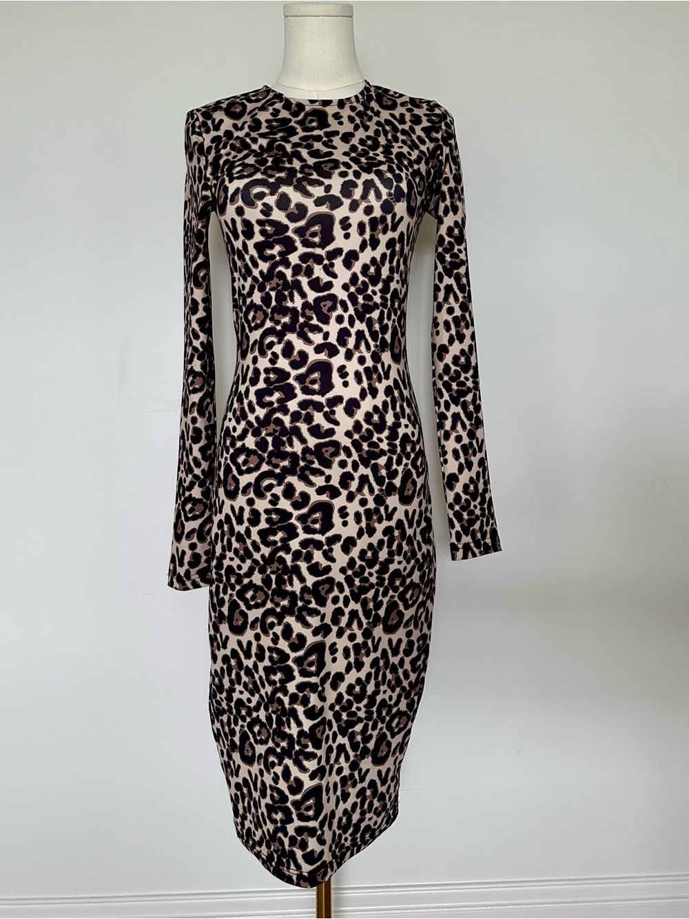 By Egreis S Leopard Print Long Sleeve Bodycon Dress - Beige/Black